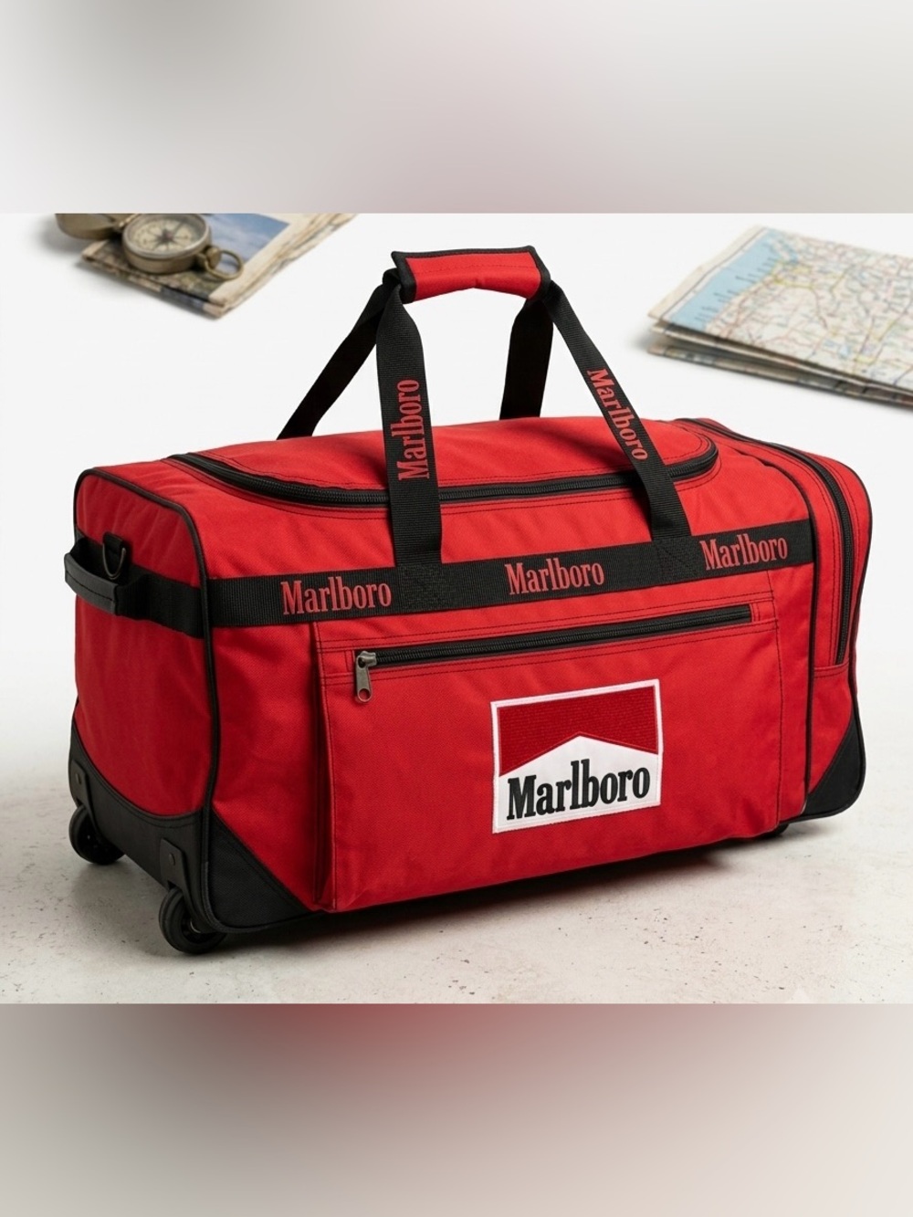 Vintage 90s Marlboro Adventure Team Red Rolling Duffle Bag Size 29x14x14”
